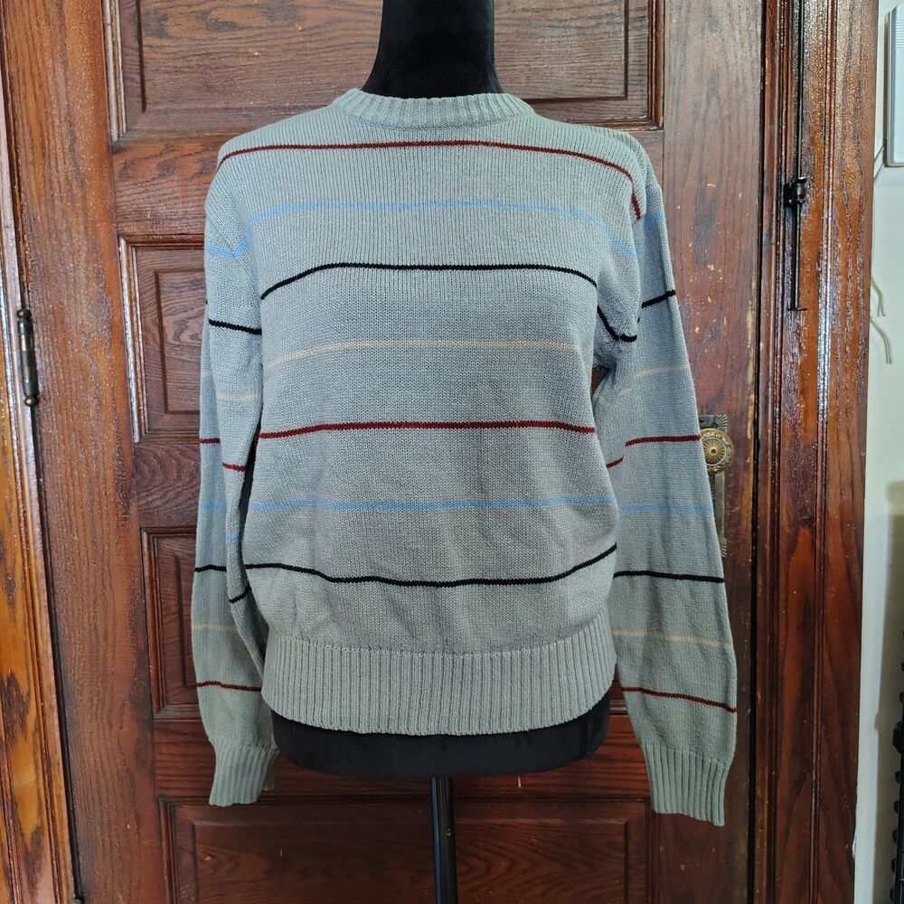 Grey Knit VTG Fine Strip Lines Corp Core Nerd Sweater Men's Small